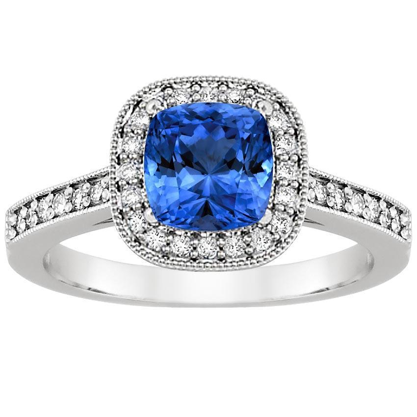 61096 Cushion Sri Lanka Blue Sapphire Diamonds 3.40 CT Ring, 14K White Gold - Size 6.5
