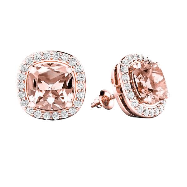 Morganite with Diamonds 12.70 CT Stud Earrings, 14K Rose Gold