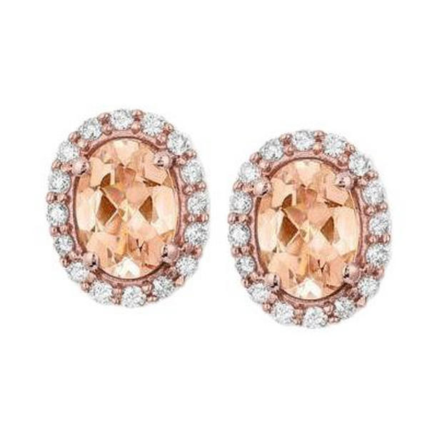 Prong Set 14 CT Morganite & Diamonds Stud Earring, 14K Rose Gold