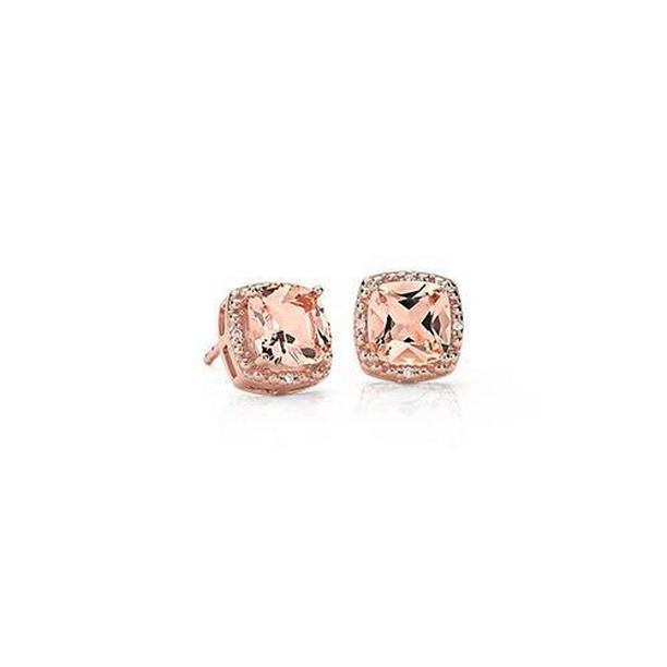 Cushion Morganite & Diamond 10 CT Stud Earring, 14K Rose Gold
