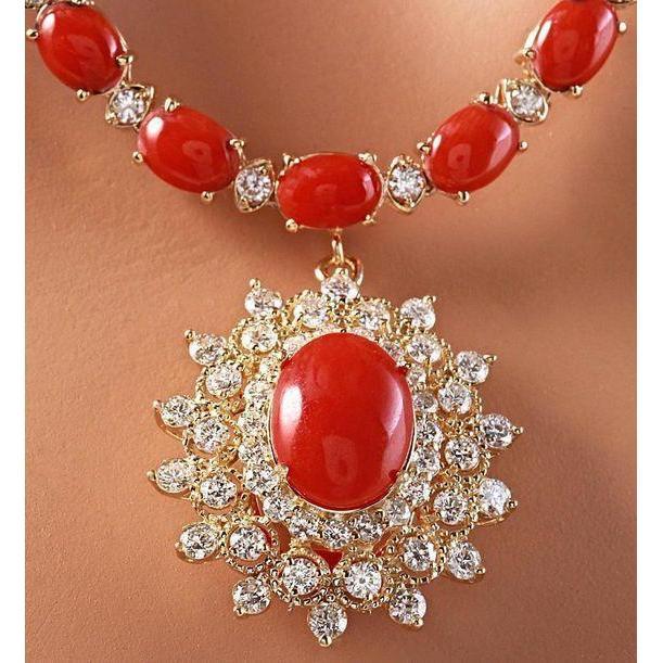 Picture of Harry Chad Enterprises 61744 Yellow Gold 46 CT Red Coral & Diamonds Pendant Necklace