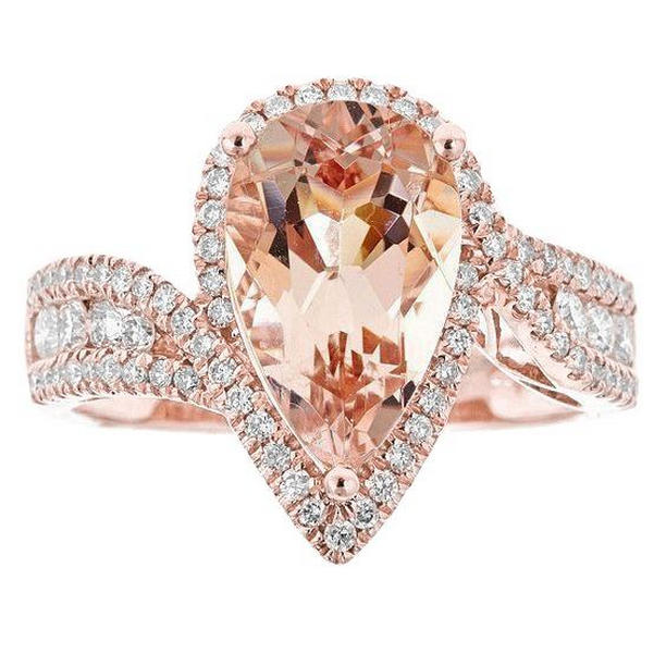 61754 9 CT Pear Morganite with Round Diamonds Ring, 14K Rose Gold - Size 6.5