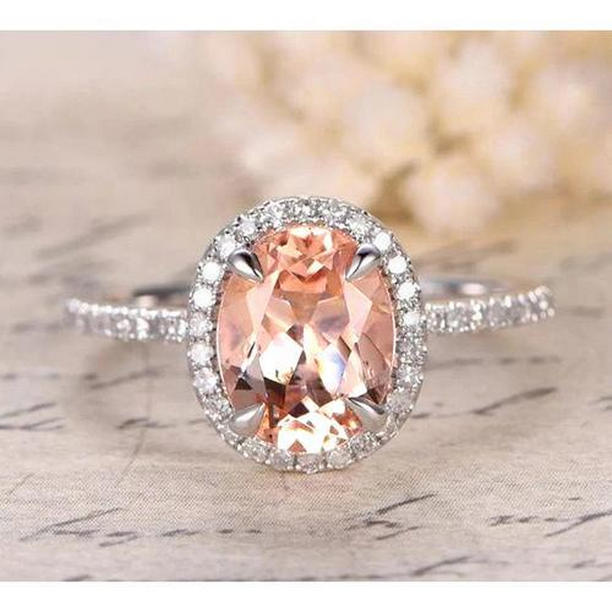 61757 Round Cut Morganite & Diamonds 11.35 CT Ring, 14K White Gold - Size 6.5