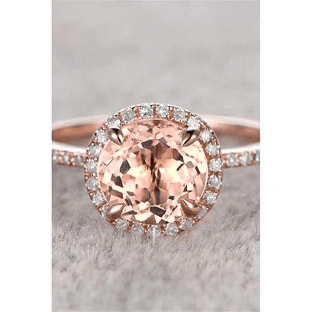 Morganite & Diamonds Round Cut 11.50 CT Ring, 14K Rose Gold - Size 6.5