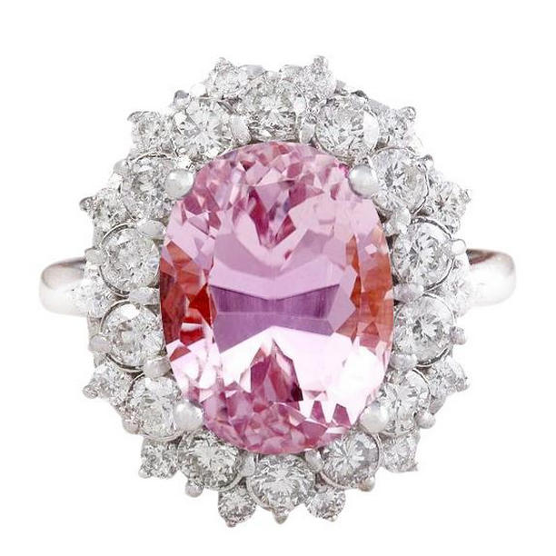 61774 21 CT Oval Cut Pink Kunzite & Round Diamond Ring, 14K White Gold - Size 6.5
