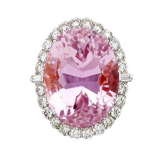 61775 21 CT Pink Natural Kunzite with Diamond 14K White Gold Wedding Ring, Size 6.5