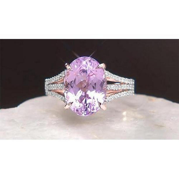 61783 18 CT Oval Cut Pink Kunzite & Round White Gold Diamond Ring, Size 6.5