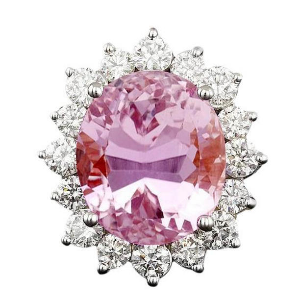 61786 22 CT Natural Pink Kunzite & Diamond Wedding Ring, 14K White Gold - Size 6.5