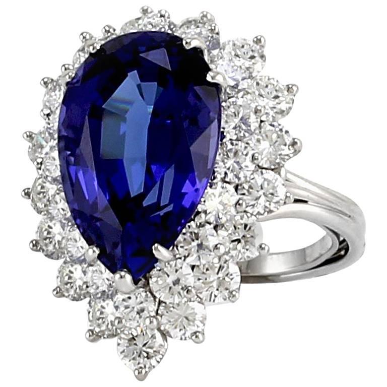 61789 14K White Gold Pear Tanzanite with Round Diamonds 3.75 CT Ring, Size 6.5