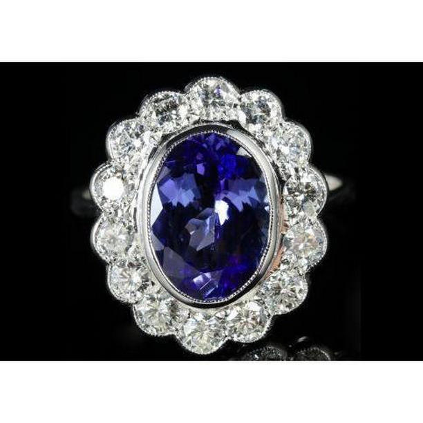 5.15 CT Oval Bezel Set Tanzanite with Diamonds Ring, 14K White Gold - Size 6.5