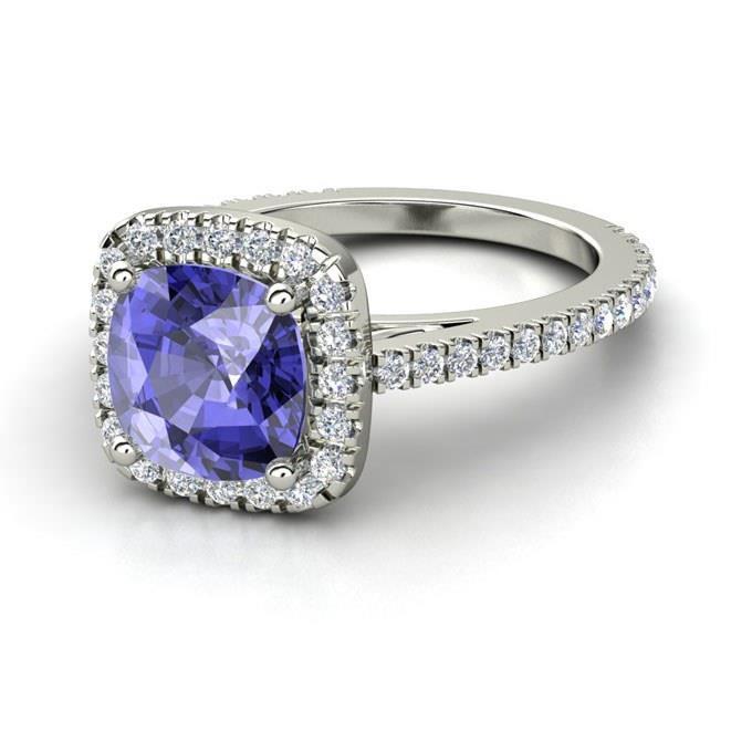 61792 Prong Set 4.50 CT Blue Tanzanite with Diamonds Ring, 14K White Gold - Size 6.5