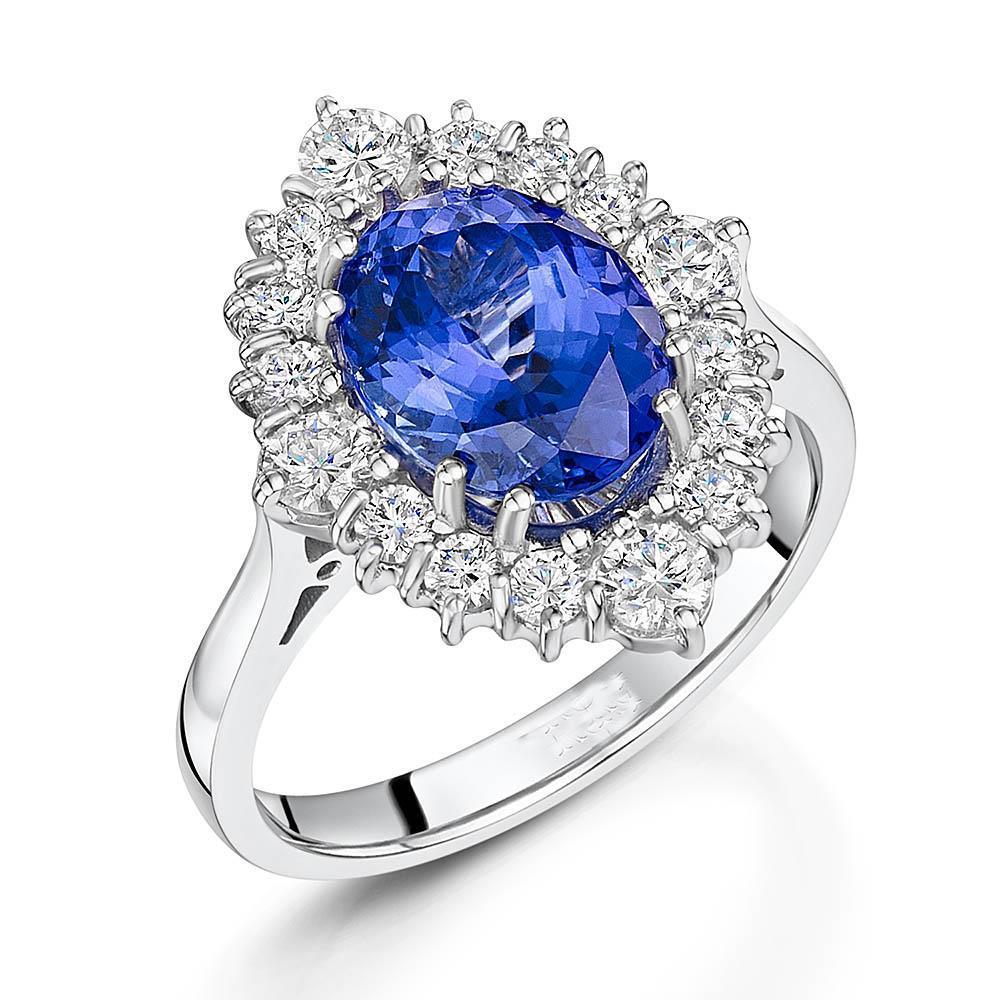 4.90 CT Oval Tanzanite & Diamonds Ring, 14K White Gold - Size 6.5