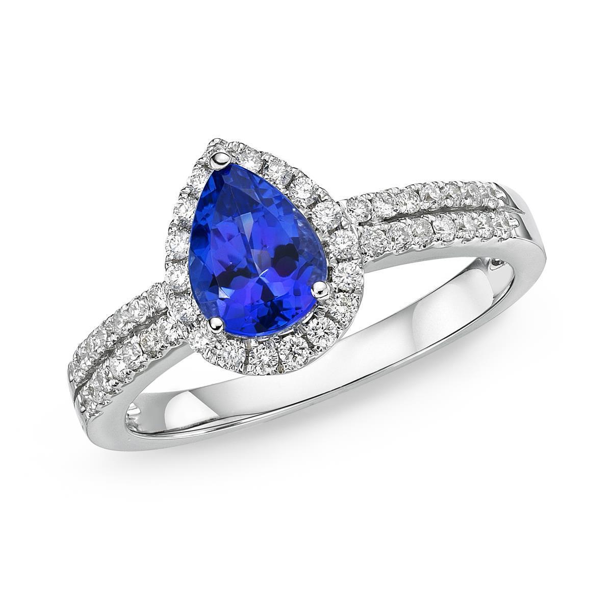 61795 Blue Pear Shape Tanzanite & Round Diamonds 4.75 CT Ring, 14K Gold - Size 6.5