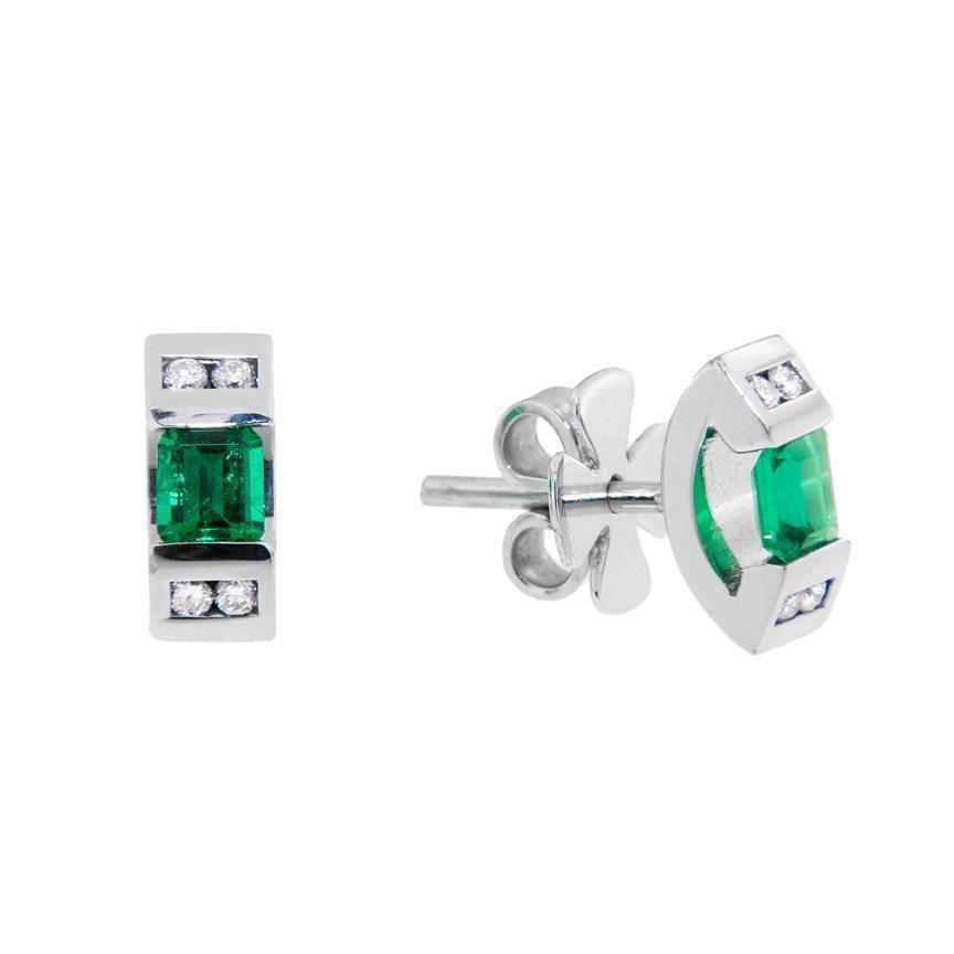 Womens 4.40 CT Emerald & Diamonds Stud Earrings, 14K White Gold
