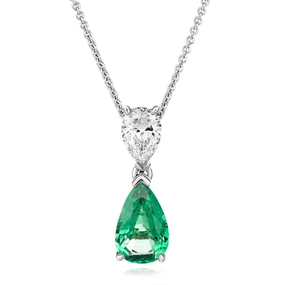 62424 Pear Cut 4 CT Emerald & Diamond Gemstone Pendant Necklace, 14K White Gold