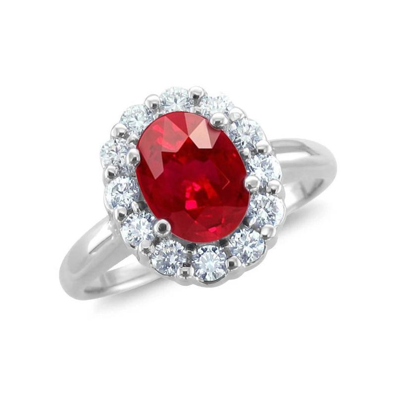 62433 6.5 CT Red Natural Ruby Halo Diamond 14K White Gold Wedding Ring, Size 6.5