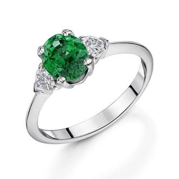 62448 6 CT Three Stone Emerald & Diamonds Ring, 14K White Gold - Size 6.5