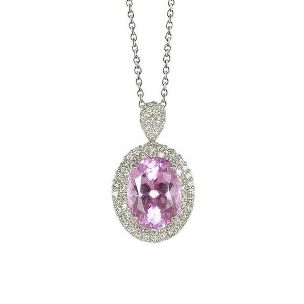 63067 15.50 CT Oval Cut Pink Kunzite & Diamond Pendant, 14K White Gold