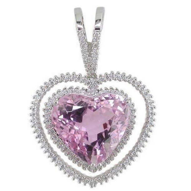 16.50 CT Pink Heart Cut Kunzite Diamond Pendant, 14K White Gold