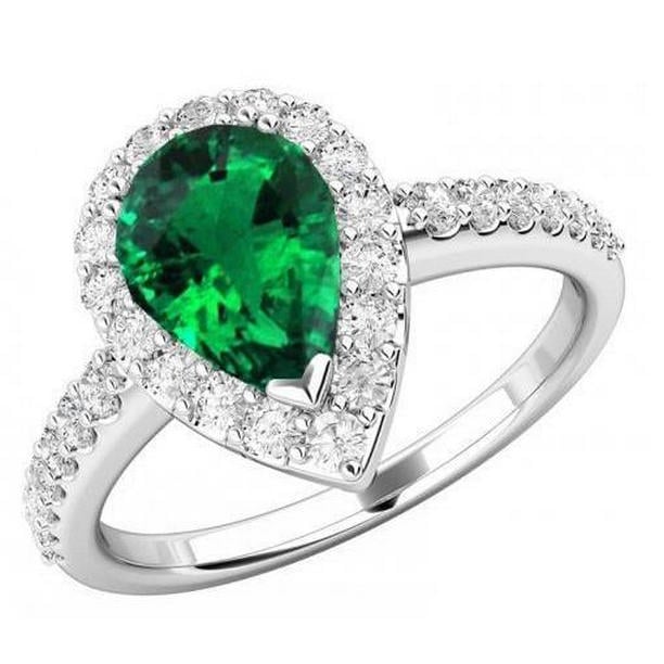 63097 Pear & Round 4 CT Emerald & Diamond Gemstone Ring, 14K White Gold - Size 6.5