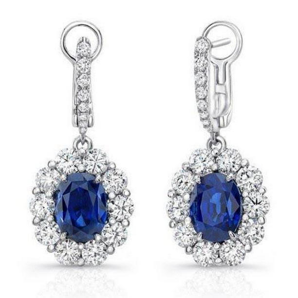Ladies 6 CT Sapphire & Diamonds Dangle Earrings, White Gold