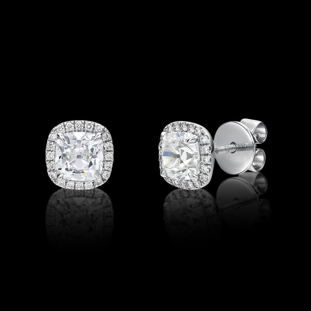 2.4 CT Old Mine Cut Diamonds Stud Halo Earrings, 14K White Gold