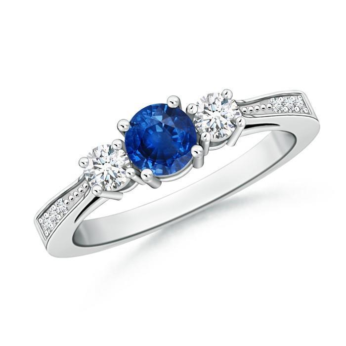 63945 3 Stone Style 3.80 CT Sapphire & Diamonds Wedding Ring, White Gold - Size 6.5