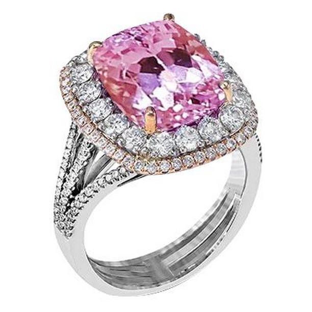 64523 9.50 CT Kunzite & Diamonds Ring, 14K Gold - Size 6.5