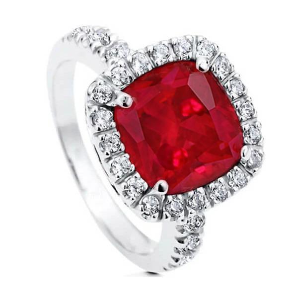 64526 14K White Gold 4 CT Cushion Ruby & Round Cut Diamonds Ring, Size 6.5
