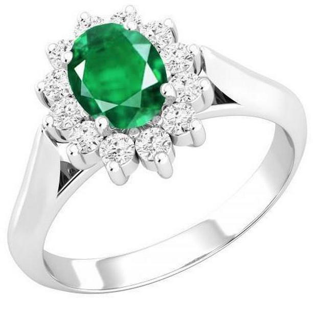 64531 4 CT Solitaire with Accent Emerald & Diamonds Ring, 14K White Gold - Size 6.5