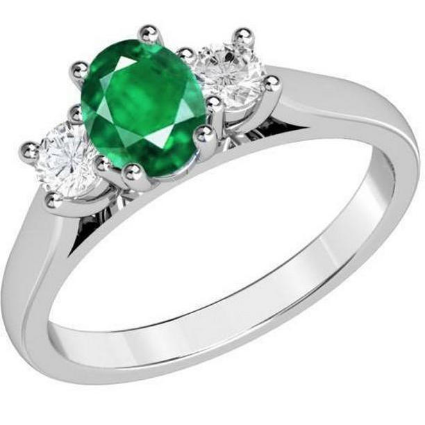 Three Stone 3.30 CT Emerald & Diamonds Wedding Ring, 14K Gold - Size 6.5