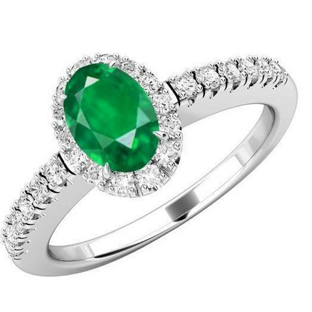 64533 Oval Emerald & Round Diamond 3.65 CT Gemstone Ring, 14K White Gold - Size 6.5