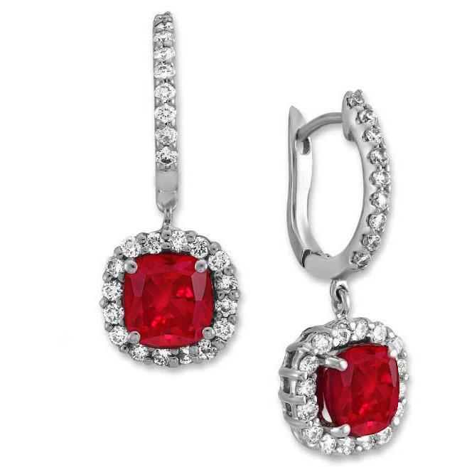 Cushion Ruby Diamond 5 CT Dangle Earrings, 14K White Gold