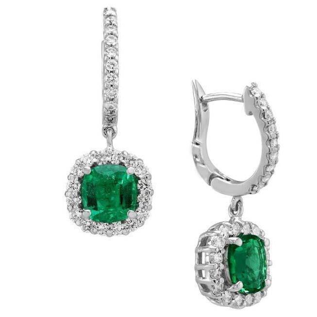 14K White Gold Cushion Emerald Halo Diamonds 5 CT Drop Earring