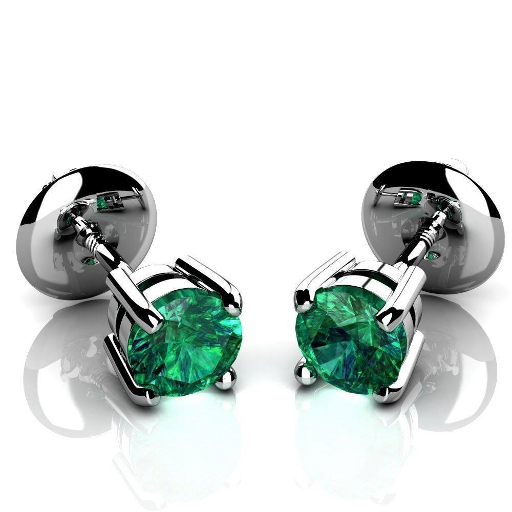 Round Cut 4 CT Emerald Ladies Stud Earrings, 14K White Gold