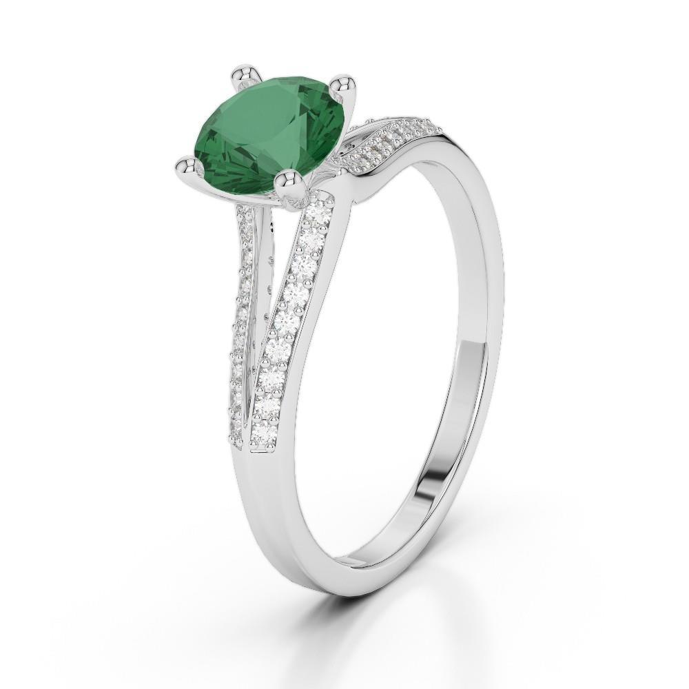 64579 3 CT Gemstone Round Emerald & Diamonds Ring, White Gold - Size 6.5