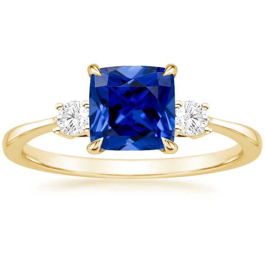 Picture of Harry Chad Enterprises 66012 2.50 CT Yellow Gold 3 Stone Diamond & Cushion Blue Sapphire Ring&#44; Size 6.5