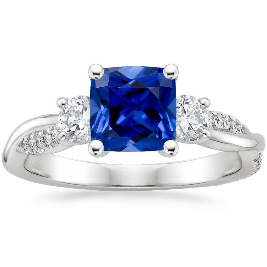 Picture of Harry Chad Enterprises 66017 2.75 CT Gold 3 Stone Style Cushion Blue Sapphire Ring with Accents, Size 6.5