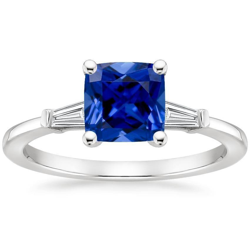 66022 2.75 CT Blue Cushion Sapphire & Baguette Diamonds 3 Stone Ring, Size 6.5