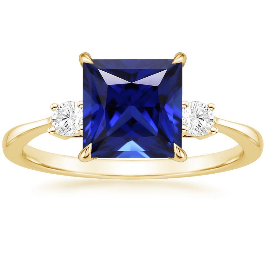Picture of Harry Chad Enterprises 66036 5.25 CT Yellow Gold 3 Stone Princess Blue Sapphire & Diamonds Ring&#44; Size 6.5