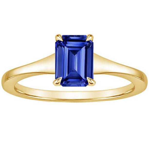 66460 3 CT Solitaire Blue Emerald Cut Sapphire Ring, 14K Yellow Gold - Size 6.5