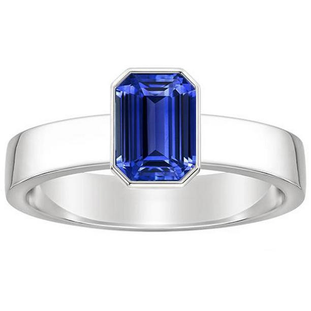 Picture of Harry Chad Enterprises 66465 Solitaire Blue Bezel Set Emerald Cut 3 CT Thick Shank Sapphire Ring, Size 6.5