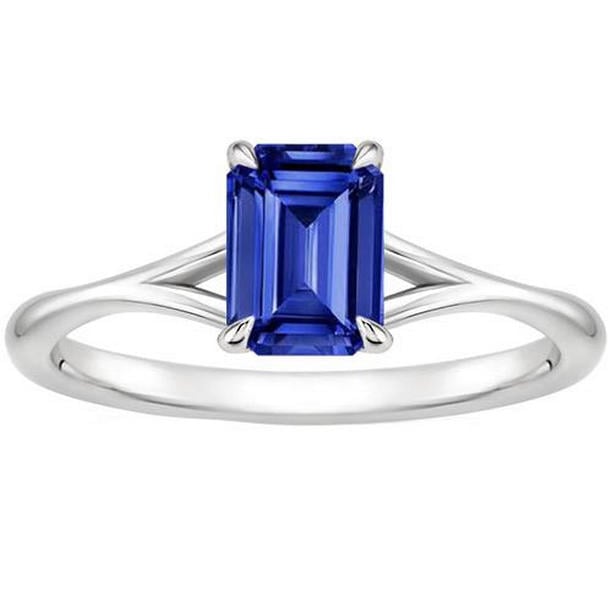 66468 2.50 CT Solitaire Emerald Blue Split Shank Sapphire Ring, White Gold - Size 6.5