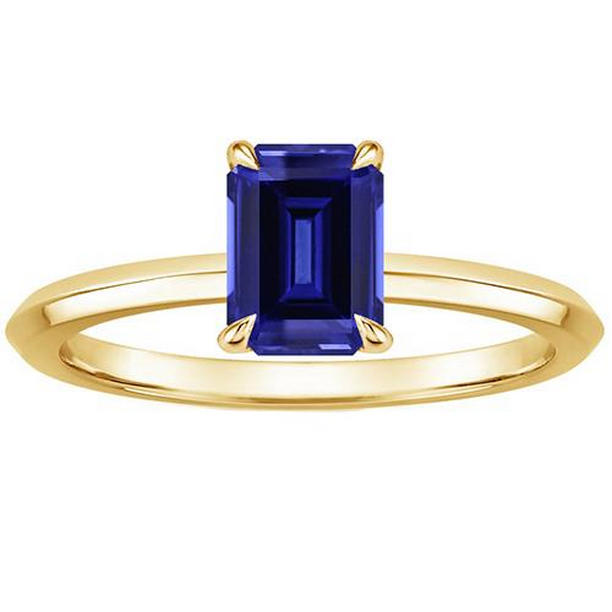 66469 3 CT Yellow Gold Prong Set Emerald Blue Sapphire Solitaire Ring, Size 6.5