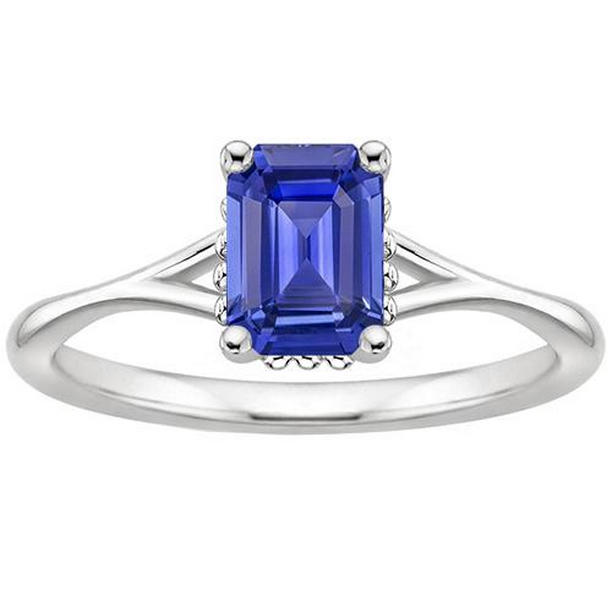 66470 2 CT Milgrain Shank Emerald Blue Sapphire Solitaire Ring, Size 6.5
