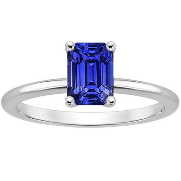 66471 3 CT Solitaire Ceylon Prong Setting Emerald Cut Gold Sapphire Ring, Size 6.5