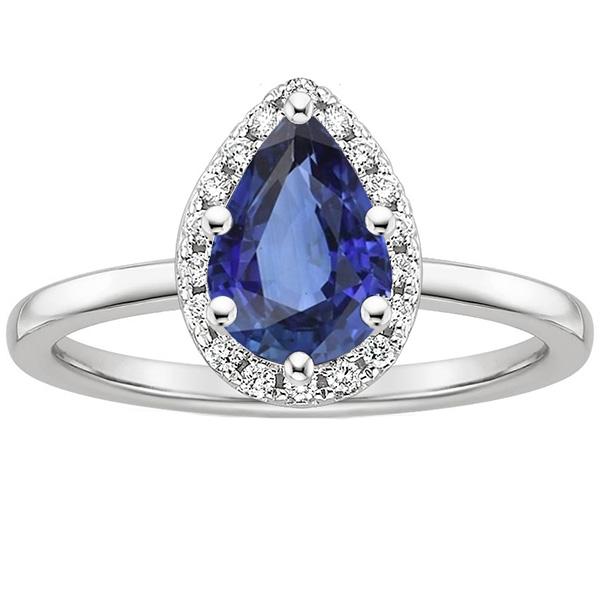66477 4 CT Halo White Gold Pear Blue Sapphire & Diamonds Ring, Size 6.5