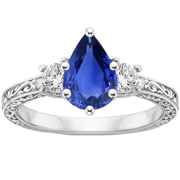 66496 3.50 CT 3 Stones Antique Style Pear Blue Sapphire & Diamonds Ring, Size 6.5