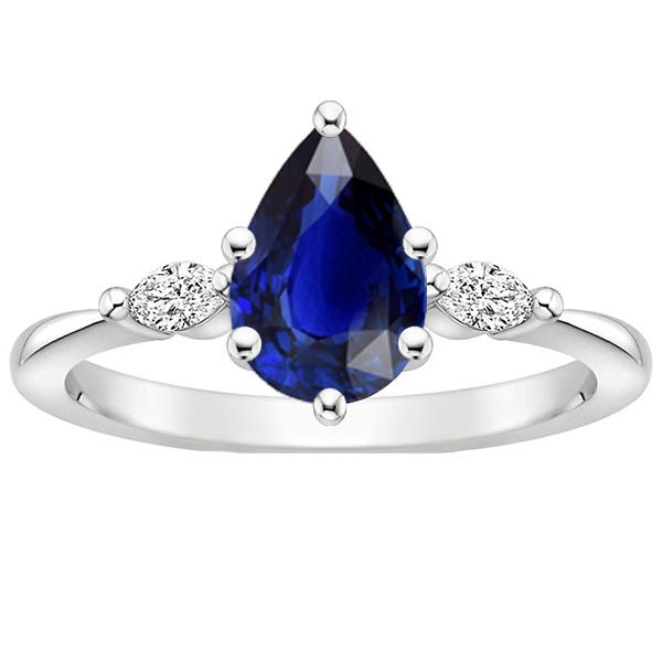 Picture of Harry Chad Enterprises 66497 3 CT Marquise Diamond Three Stone Pear Ceylon Sapphire Ring, Size 6.5