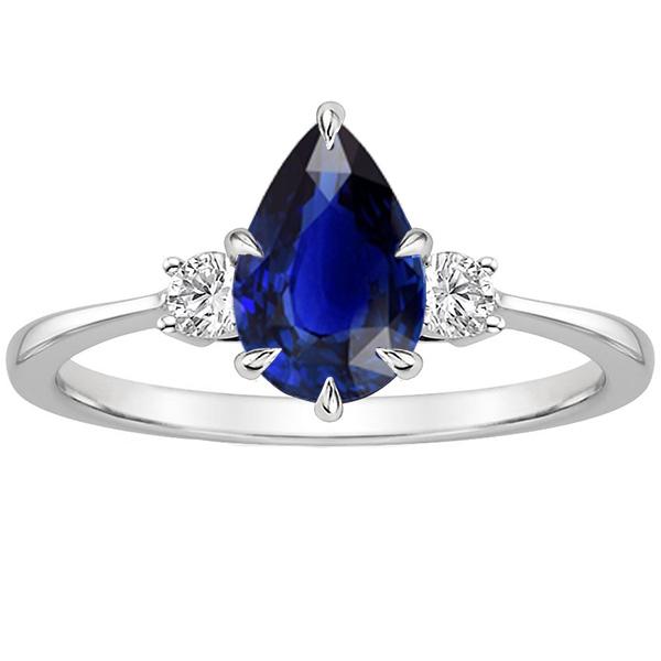 66500 3 CT Three Stone Pear Blue Sapphire & Diamonds Anniversary Ring, Size 6.5
